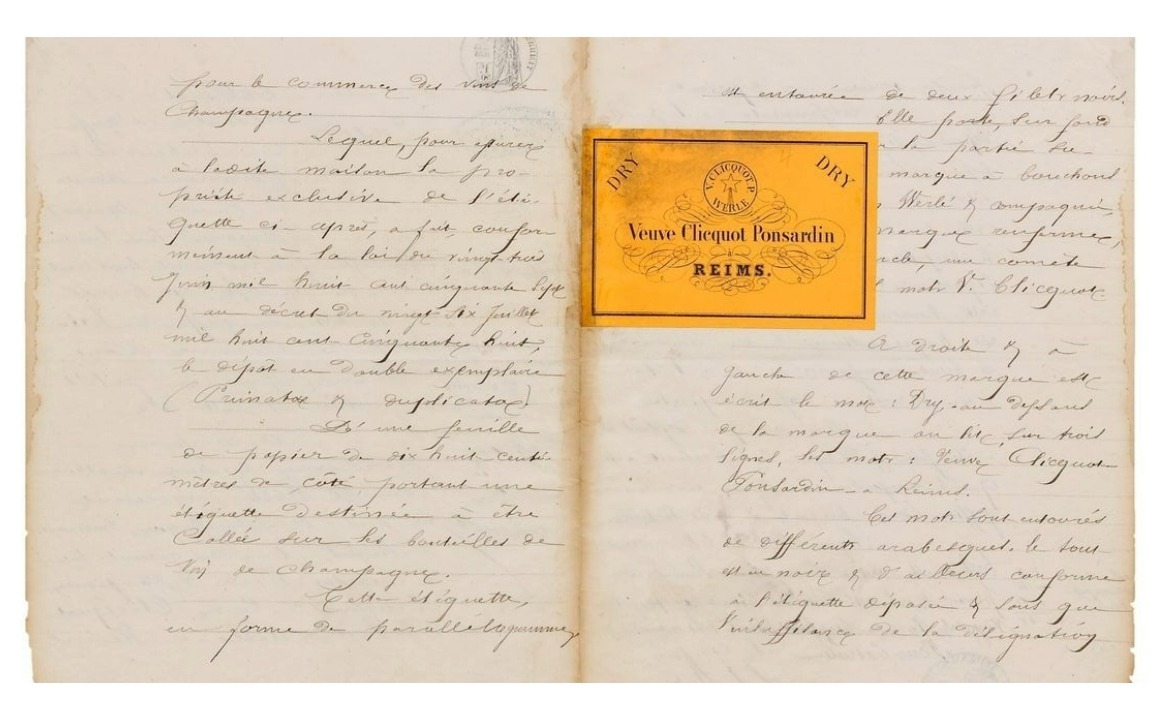 Dobový dokument so žltou etiketou Veuve Clicquot z roku 1877 alko90.sk